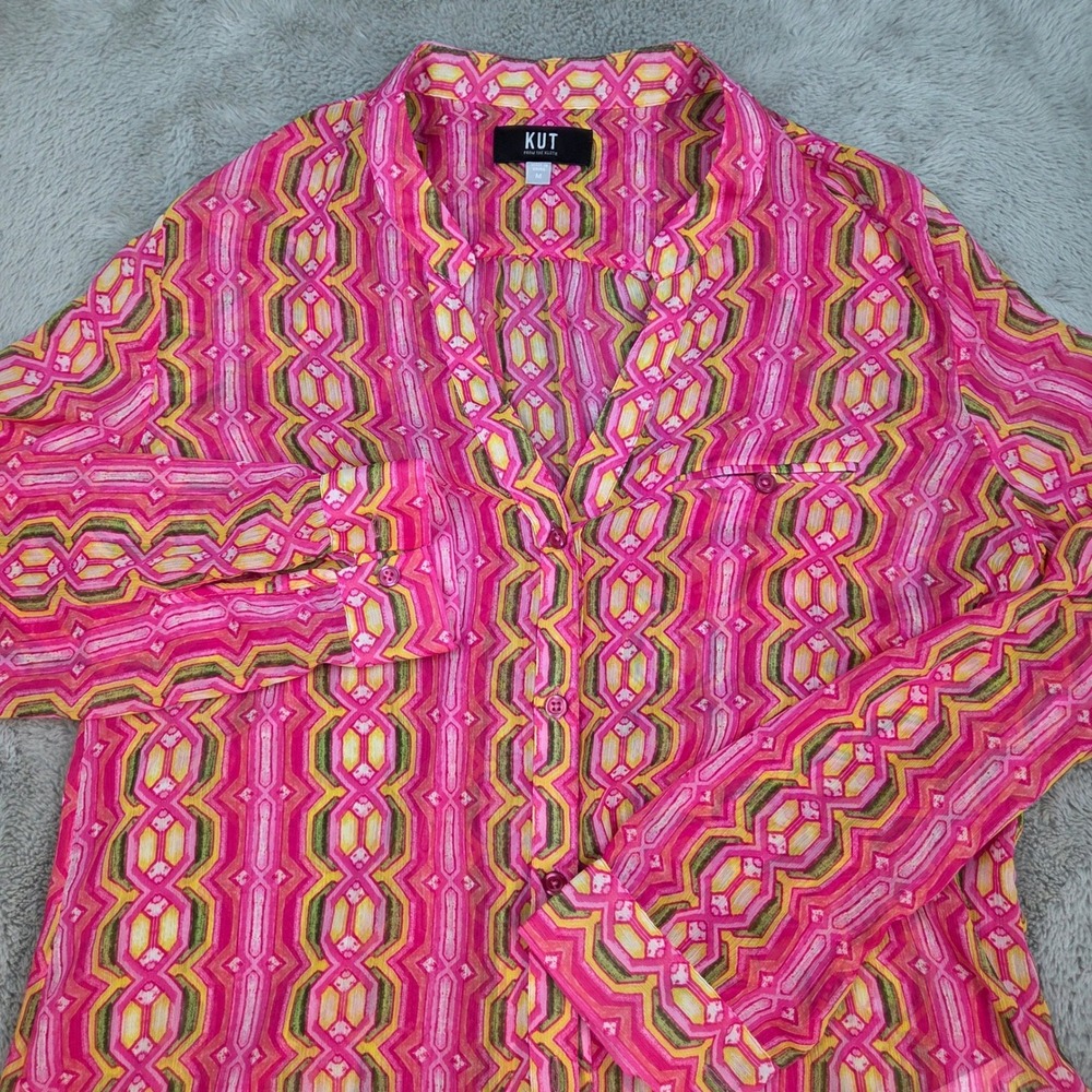 KUT from the Kloth Button Down Blouse Womens Sz M Geometric Print Pink KT32138